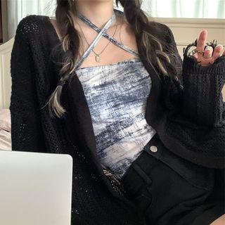 Cut-out Long-sleeve Knit Jacket Black - One Size