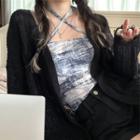 Cut-out Long-sleeve Knit Jacket Black - One Size