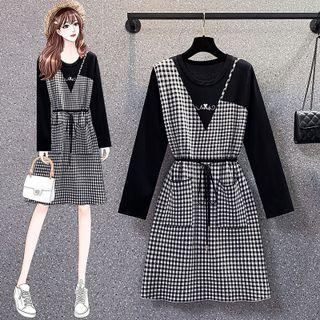 Long-sleeve Gingham Panel Mini A-line Dress