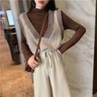 Long-sleeve Mock-neck Cropped T-shirt / V-neck Knit Vest / Gaucho Pants