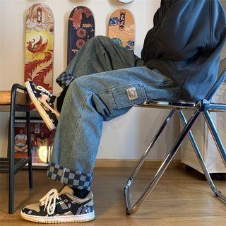Check Panel Wide Leg Jeans