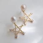 Cutout Star Rhinestone Accent Pearl Earrings 1 Pair - 925 Silver Needle - Gold - One Size