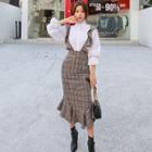 Set: Balloon-sleeve Blouse + Check Jumper Skirt