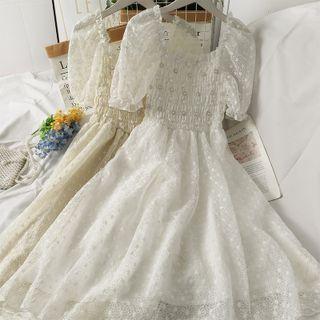 Boatneck Pearl-accent Smocked Lace Midi Dress