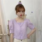 Perforated Square Neck Puff-sleeve Blouse