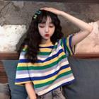 Striped Short-sleeve Cropped T-shirt Blue - One Size