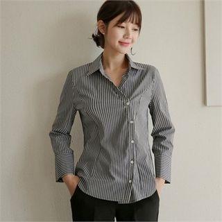 Diagonal-button Stripe Shirt