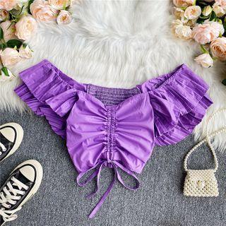 Pleated Short-sleeve Drawstring Cropped Blouse