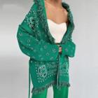 Paisley Print Tie-waist Fringed Hooded Zip Cardigan