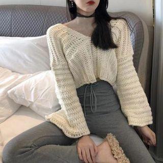 V-neck Crop Sweater / Drawstring Boot Cut Pants