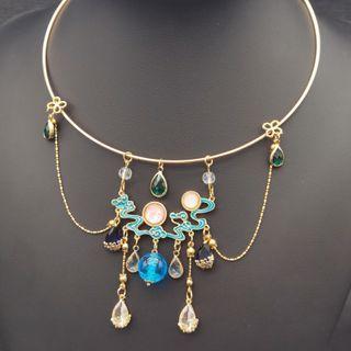 Retro Beaded Alloy Necklace 1 Pcs - Gold & Blue & Green - One Size