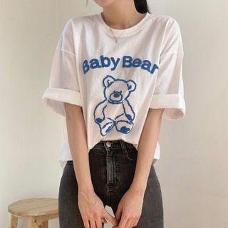 Bear Print Round Neck Short Sleeve T-shirt