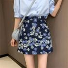 High-waist Floral Denim A-line Skirt