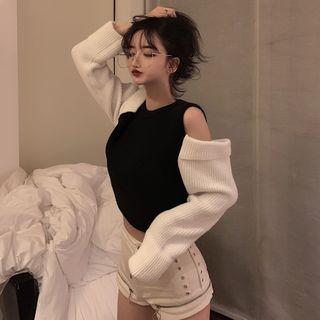 Off Shoulder Color-block Knit Sweater