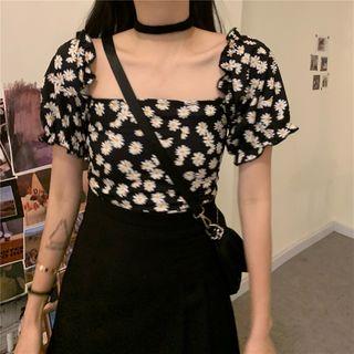 Floral Print Short-sleeve Square-neck Blouse As Shown In Figure - One Size