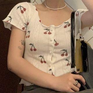 Ruffle Trim Cherry-print Cropped Top White & Red - One Size