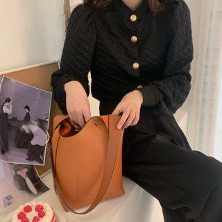 Puff-sleeve Stand Collar Plain Shirt Black - One Size