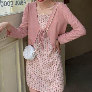 Floral Print Spaghetti-strap Mini A-line Dress / Open-front Cropped Cardigan