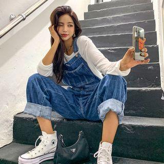 Buckled-strap Wide-leg Suspender Jeans Dark Blue - One Size