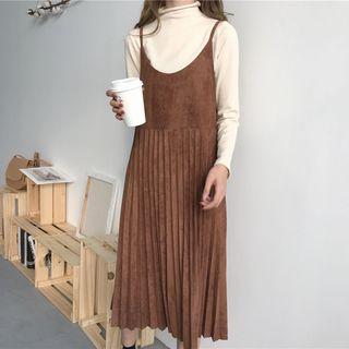 Plain Mock Neck Long Sleeve T-shirt / Pleated Spaghetti Strap Midi Dress