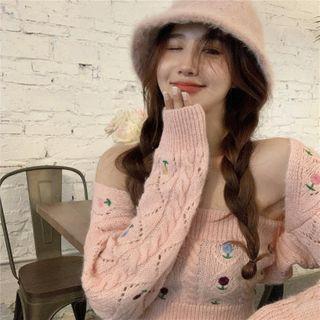 Set: Floral Cropped Cardigan + Knit Tube Top Cardigan - Pink - One Size / Tube Top - Pink - One Size