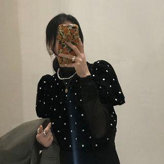 Puff-sleeve Dotted Blouse / Long-sleeve Mesh Top