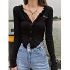 Long-sleeve Letter Embroidered Ruffle T-shirt