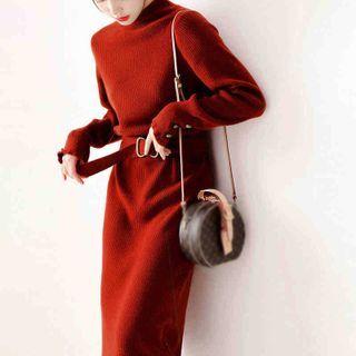 Long-sleeve Mock-neck Buckled Knit Sheath Dress