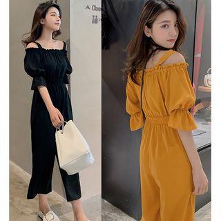 Elbow-sleeve Cold-shoulder Wide-leg Jumpsuit