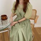 Puff-sleeve Mesh Top / Maxi A-line Pinafore Dress