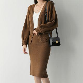 Set: Double Breasted Knit Cardigan + Knit Midi Skirt