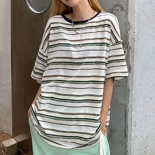 Elbow-sleeve Striped T-shirt Stripes - Green & White - One Size