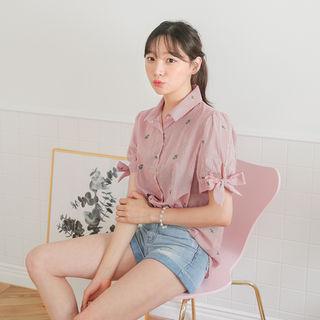 Beribboned Short-sleeve Stripe Shirt
