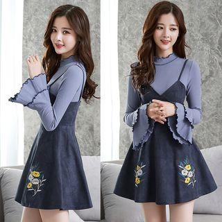 Set: Contrast Trim Mock Neck Long Sleeve Knit Top + Flower Embroidered Spaghetti Strap Dress