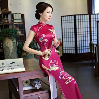 Crane Patterned Cap Sleeve Midi Qipao