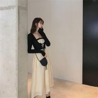 Lace Up Long-sleeve Knit Top / Strapless A-line Dress