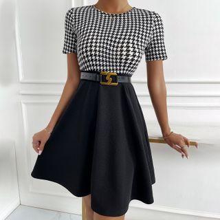Houndstooth Panel Short-sleeve A-line Mini Dress