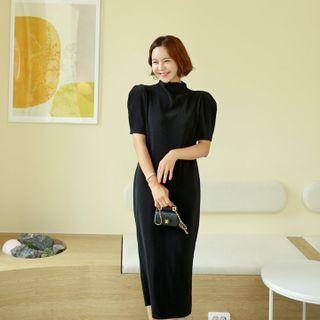 Mock-neck Maxi Pleated Dress