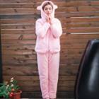 Loungewear Set: Rabbit Ear Hooded Zip Jacket + Pants Pink - One Size