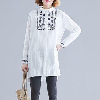 Embroidered Long-sleeve Medium Long Shirt