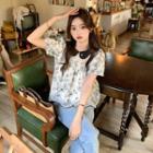 Short-sleeve Floral Mesh Panel Blouse Beige - One Size