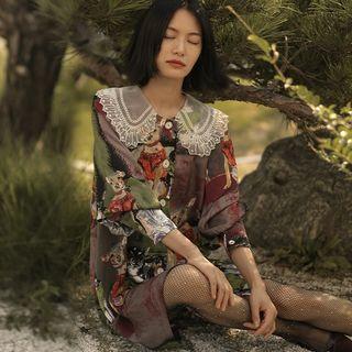 Collared Dog-print Single-breasted Chiffon Dress