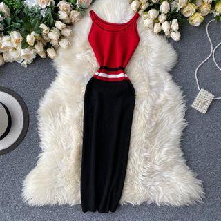 Spaghetti Strap Color Panel Midi Sheath Knit Dress