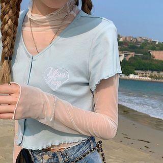 Long-sleeve Mesh Mock-neck Top / Short-sleeve Embroidered Button-up Crop Top