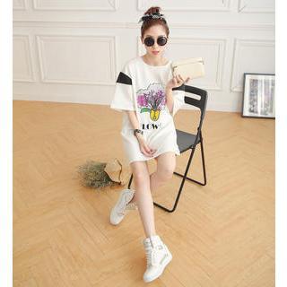 Elbow-sleeve Printed T-shirt Dress