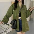 Contrast Stitching Shirt Jacket Army Green - One Size