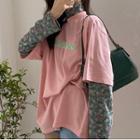 Short-sleeve Round-neck Lettering T-shirt / High-neck Floral Top