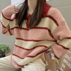 Polo Collar Contrast Stripe Loose Fit Sweater Stripe - Pink & White - One Size