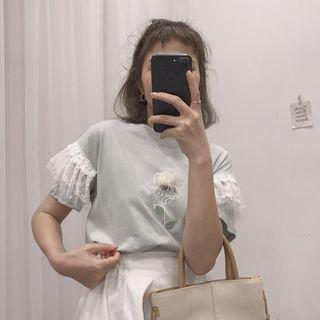 Rose Print Lace Trim Short-sleeve T-shirt