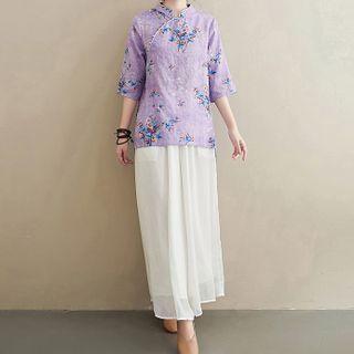 Elbow-sleeve Linen Top / Wide-leg Pants / Set